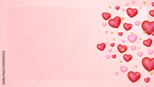 Floating red and pink hearts on a soft pink background for romantic and festive occasions