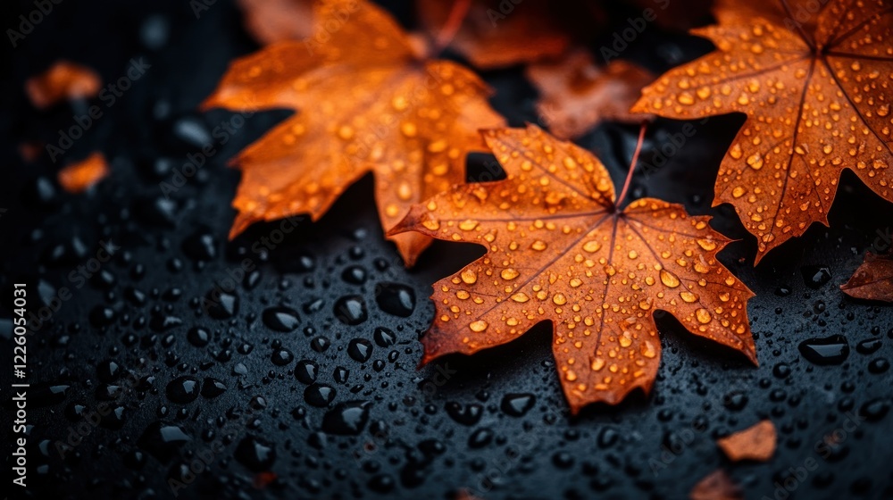Autumnal Serenity: Dew-Kissed Maple Leaves on Dark Surface