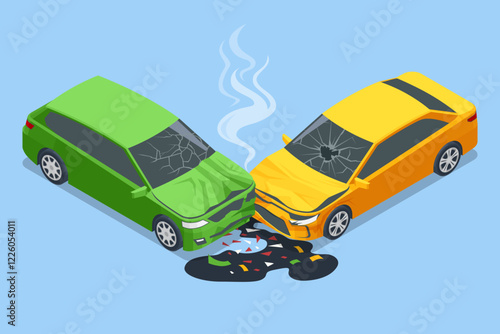Car crash. Isometric vector of a collision between a green and yellow car, with smoke rising from the green car. Broken glass and oil spill visible on the ground