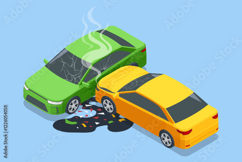Car crash. Isometric vector of a collision between a green and yellow car, with smoke rising from the green car. Broken glass and oil spill visible on the ground