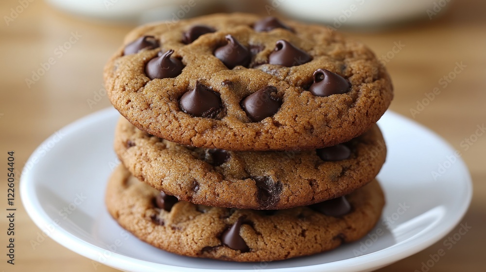 Delicious Stack of Three Homemade Chocolate Chip Cookies on a White Plate Delicious Stack of Three Homemade Chocolate Chip Cookies on a White Plate
