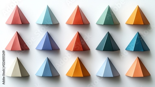 Free Download Colorful pyramids arranged on white background, geometric shapes, design, pattern, studio shot, marketing - GFXLoad