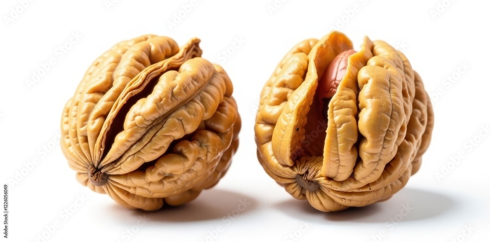 Two walnut halves separated, showing textured surfaces against pure white , brown, vegan Two walnut halves separated, showing textured surfaces against pure white , brown, vegan
