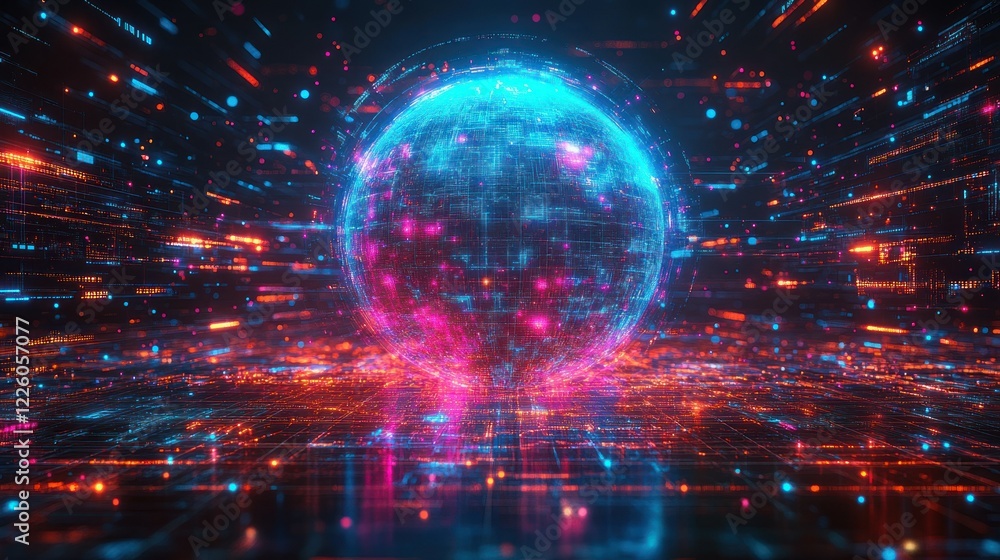 Obraz premium Digital Global Network: A vibrant sphere of interconnected data streams and glowing lines, symbolizing the global digital network and the flow of information.