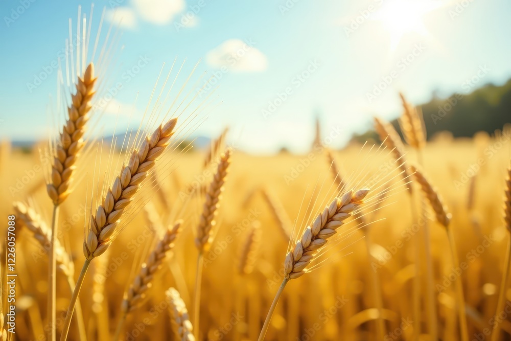 Golden wheat swaying gently in bright sunlight , bright, harvest time