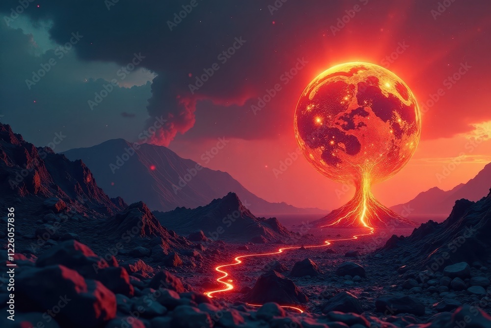 Earth ablaze, volcanic eruption style inferno, yellow, red Earth ablaze, volcanic eruption style inferno, yellow, red