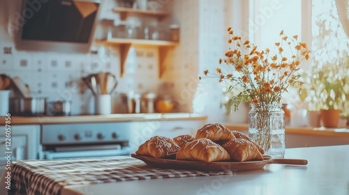 Delicious hamantaschen on a wooden tray in cozy kitchen setting. Sunlit flowers and rustic decor create warm atmosphere. Concept of traditional Jewish Purim pastries, home baking, festive celebrations photo