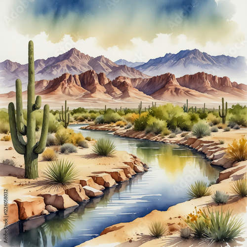 watercolor illustration of Sunland Park, New Mexico, capturing the essence of its desert landscape and close proximity to the Rio Grande. photo