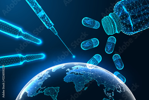Global pharmaceutics concept with glowing syringe, pills, ampoules, medicine bottle over Earth. 