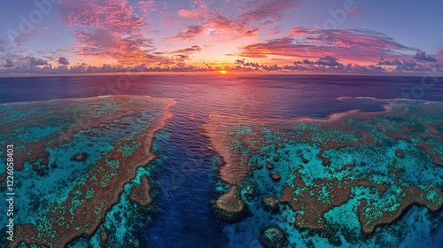 Fototapeta Naklejka Na Ścianę i Meble -  Aerial View of the Great Barrier Reef at Sunset