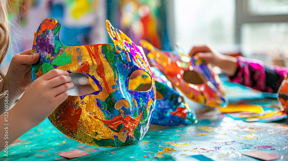 Obraz premium Creative Purim Themed Crafts for Kids with Colorful Mask Making. Children Engaged in Artistic Activities. Concept of Cultural Celebration, Creativity, Imagination, Festive Fun