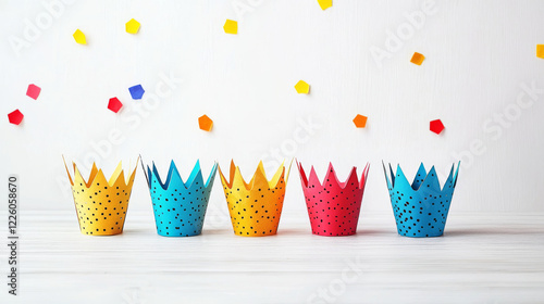 Colorful Purim Themed Crafts for Kids Featuring Minimalist Design. Vibrant Paper Crowns on White Background. Concept of Children's Creativity, Festive Decorations, Jewish Holiday Celebration, Handmade photo