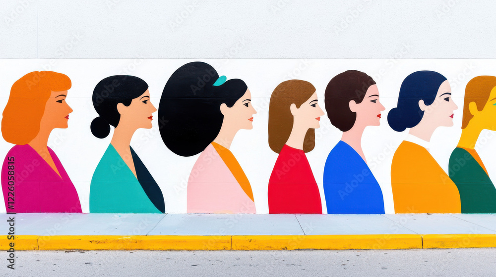 A colorful mural depicting diverse women in profile, showcasing varied hairstyles and attire, celebrating femininity and individuality. A colorful mural depicting diverse women in profile, showcasing varied hairstyles and attire, celebrating femininity and individuality.