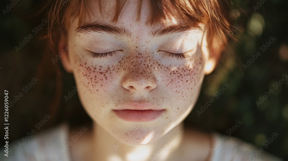 Peaceful Redhead Girl with Freckles, Eyes Closed in Sunlight Peaceful Redhead Girl with Freckles, Eyes Closed in Sunlight