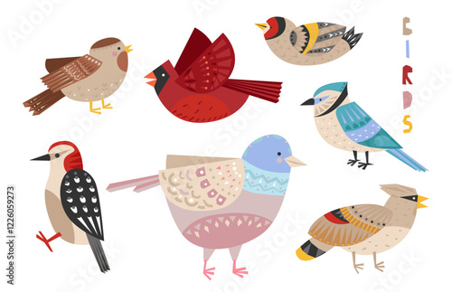Colorful birds set in traditional native Scandinavian folk style with hygge motifs ornaments