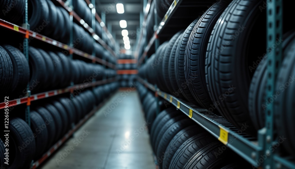 Obraz premium Indoor auto shop storage space. Many new car tires stacked neatly on metal shelves. Automotive parts, equipment visible. Wide range of tire sizes, models available for customers. Workshop organized,