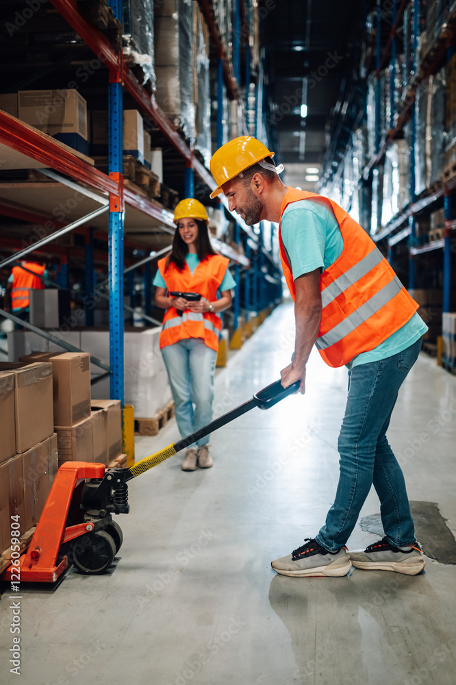 Fototapeta premium Warehouse workers managing inventory and moving goods with pallet jack