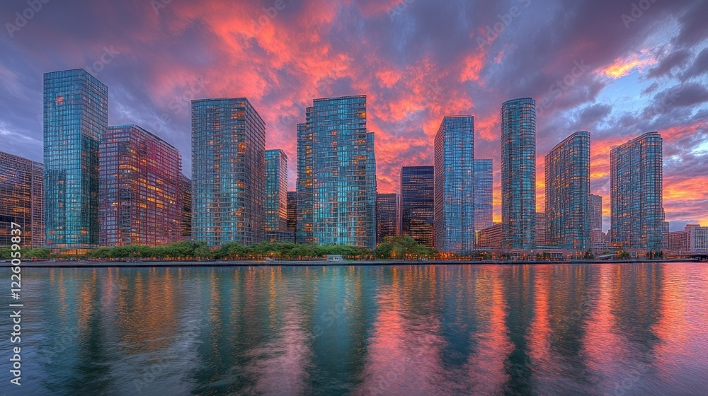 Fototapeta premium Manhattan Skyline at Sunset: A Vibrant Cityscape Reflection