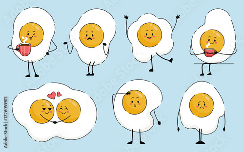 Funny fried chicken eggs characters different facial emotions, gesture and non-verbal expression set