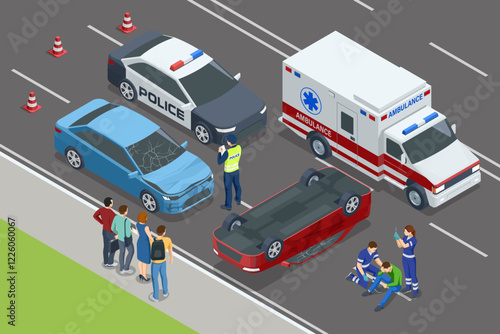 Car crash. Isometric vector showing a car flipped over near on road. Police and paramedics are assisting an injured individual, with a police car and ambulance nearby.