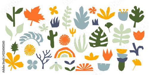 Tropical leaves, exotic flowers, tree plant, lush bush and grass floral elements paper cut shapes