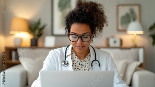 Female Doctor Working on Laptop in Modern Home Office Setting