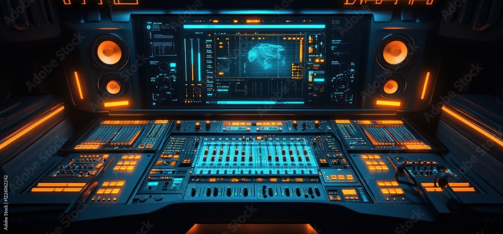 Fototapeta premium Futuristic Music Studio Control Room: Neon Lights and Advanced Technology