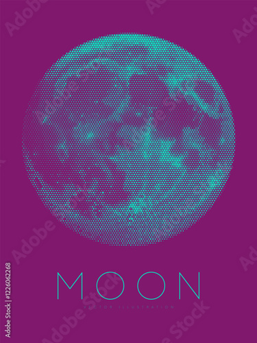Futuristic halftone neon moon poster illustration with dot effect in vibrant high-contrast cyan and magenta shades for retrofuturistic aesthetic digital artwork. Dots shading . Vector illustration