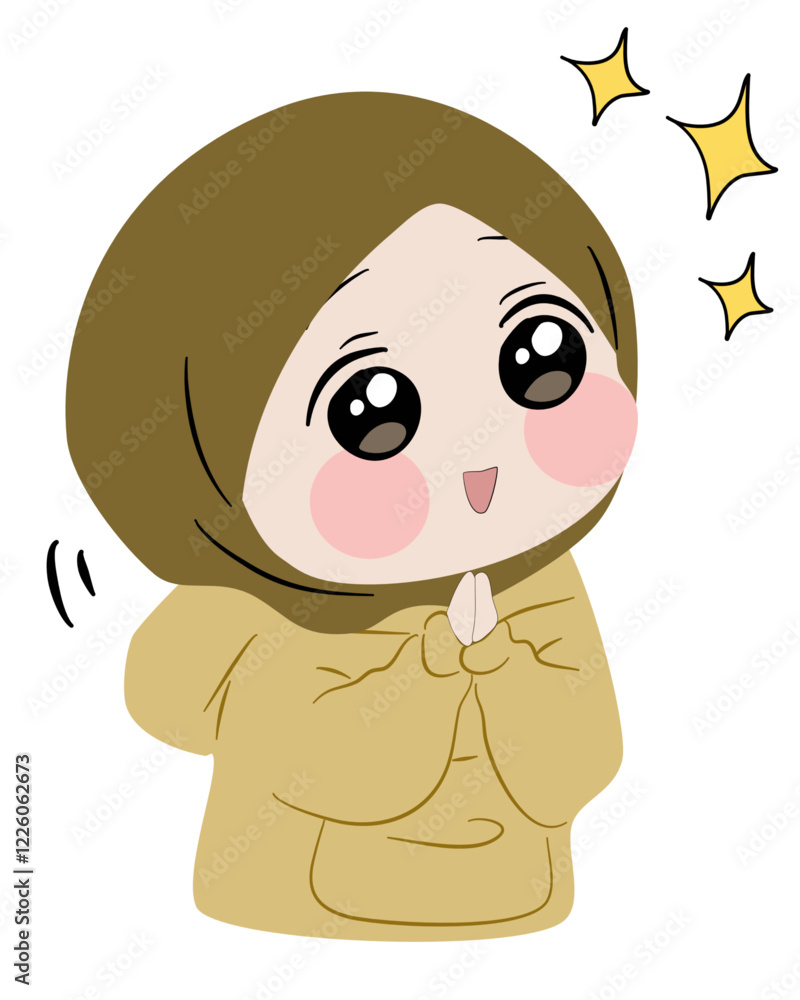 Fototapeta premium Cartoon Hijabi Girl with Sparkling Eyes and Clasped Hands