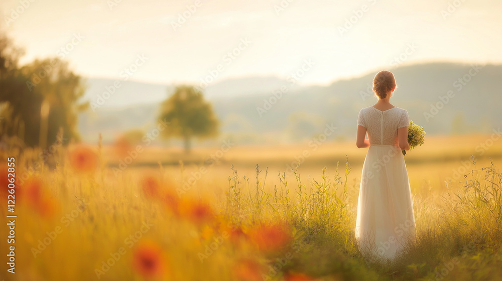 Beautiful bride in a field with poppies at sunset. Beautiful bride in a field with poppies at sunset.