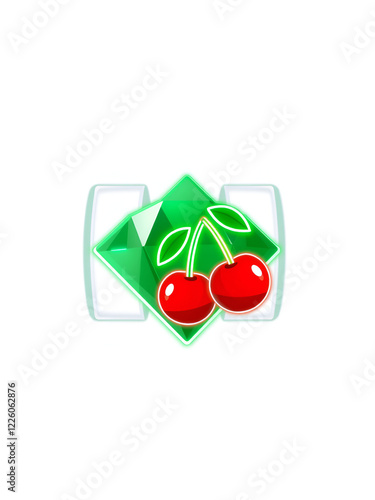 Neon green pokies icon, cherry diamond on transparent background photo