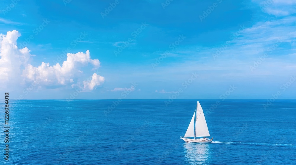Obraz premium Sailboat sailing on calm ocean under blue sky. Vacation travel poster