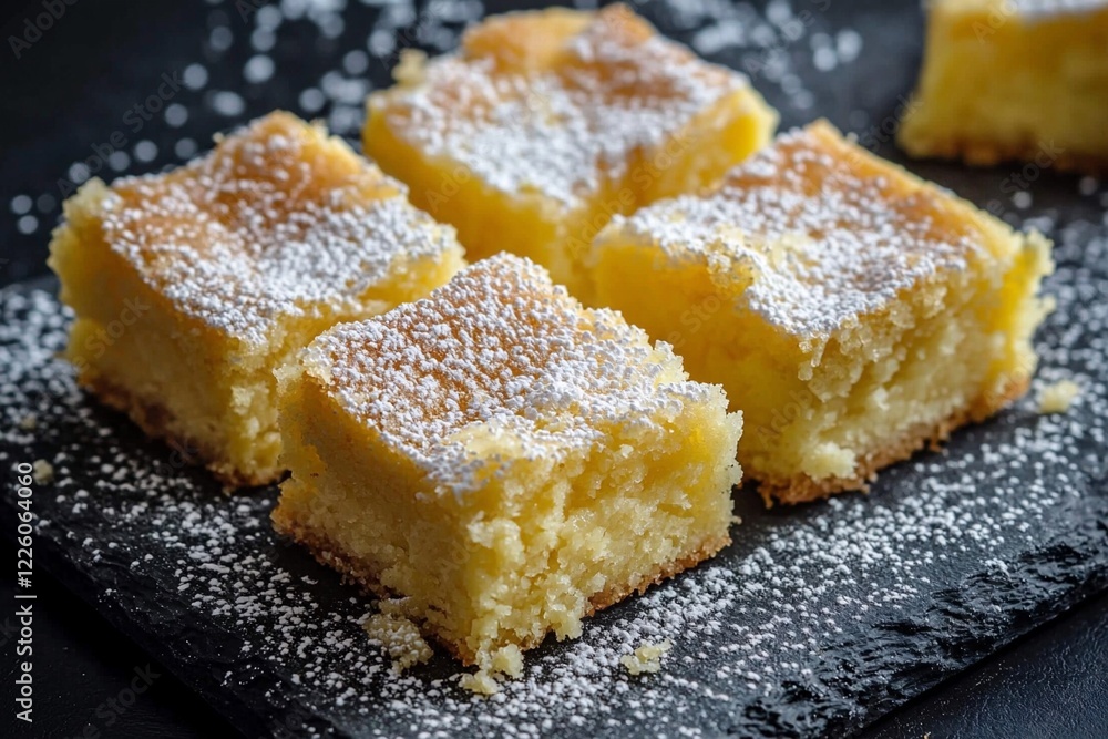 Deliciously baked lemon squares dusted with powdered sugar on a dark slate surface, inviting dessert Deliciously baked lemon squares dusted with powdered sugar on a dark slate surface, inviting dessert