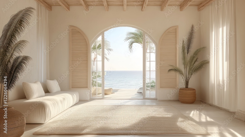 Obraz premium Coastal living room with ocean views, natural light, and beige tones