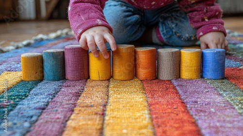 Toddler playing with colorful wooden blocks on a rug photo