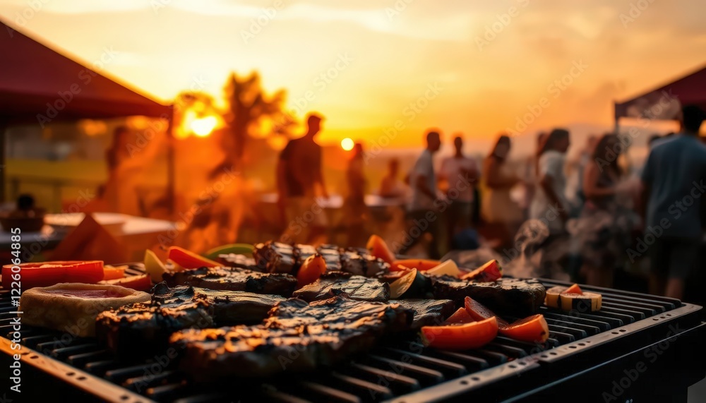 Sunset Barbecue Gathering: Delicious Grilled Steaks and Vegetables at a Summer Party