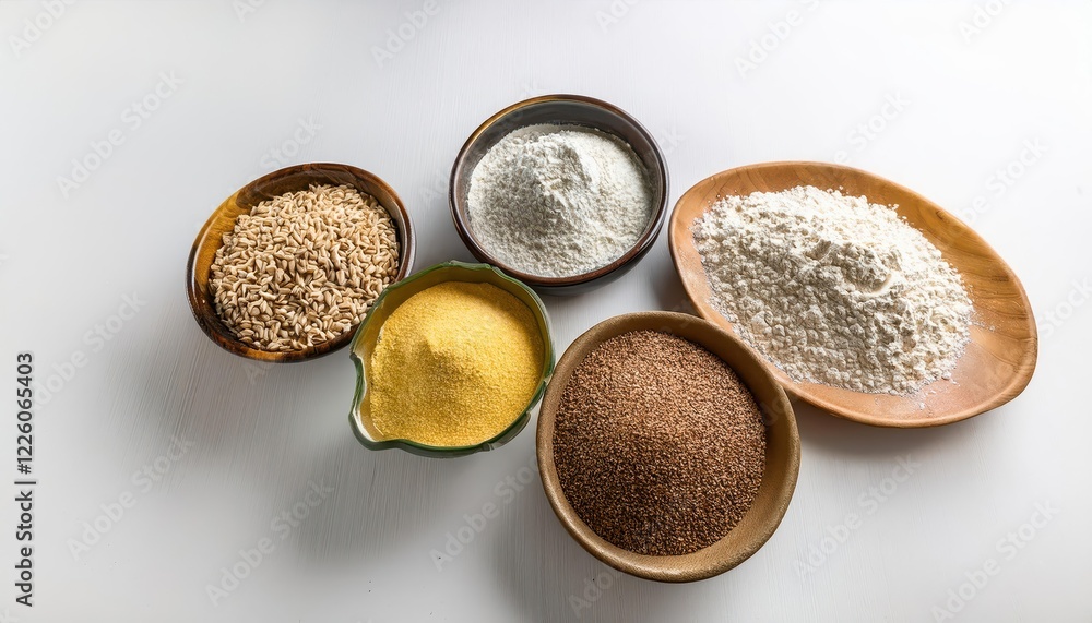 Fototapeta premium Vivid Display of Various Grains and Flours A Closer Look at Textures and Colors on a White Background, Showcasing the Beauty and Diversity of Natural Products