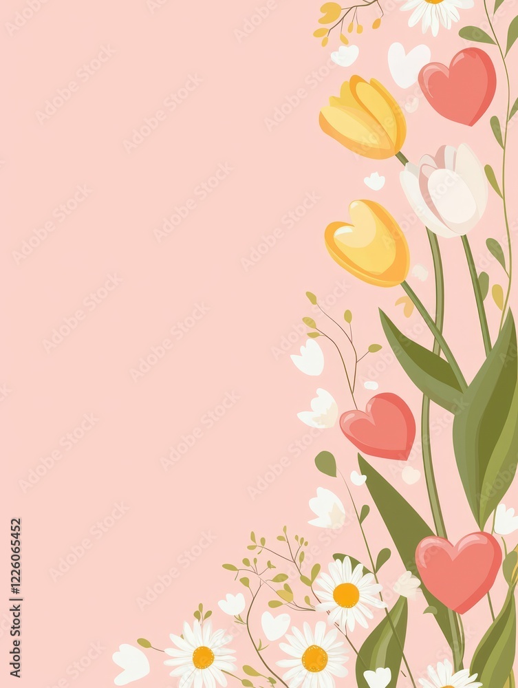 Naklejka premium Pink floral border, tulips, daisies, hearts, pastel background, card design