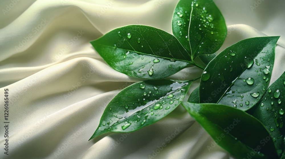 Fototapeta premium Close-up of vibrant green leaves with water droplets on a creamy fabric background