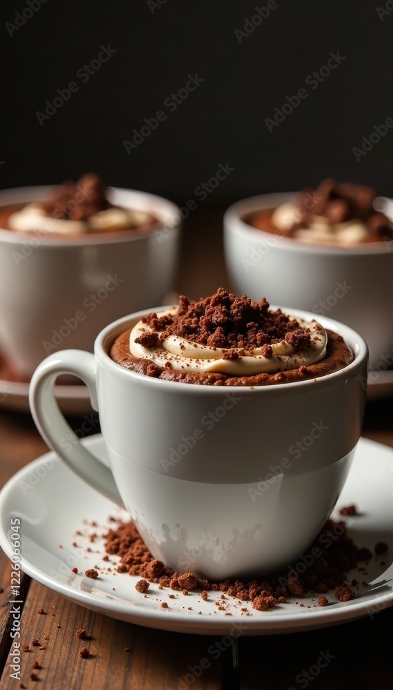 Layers of fudgy brownies in coffee mugs, glossy chocolate topping , delicious, brown Layers of fudgy brownies in coffee mugs, glossy chocolate topping , delicious, brown