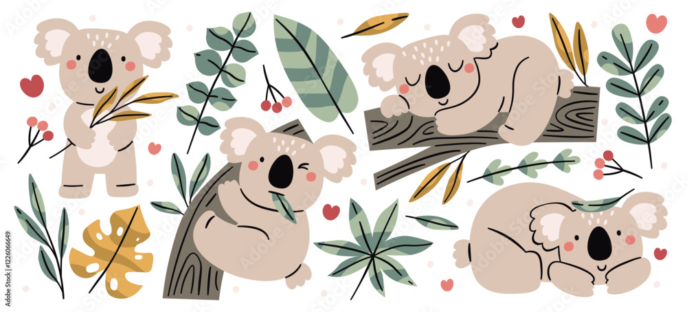Obraz premium Cute koala baby animal cartoon characters holding eucalyptus leaves, sitting on branch, sleeping
