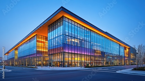 Wallpaper Mural Modern glass building at dusk, city lights, commercial area Torontodigital.ca