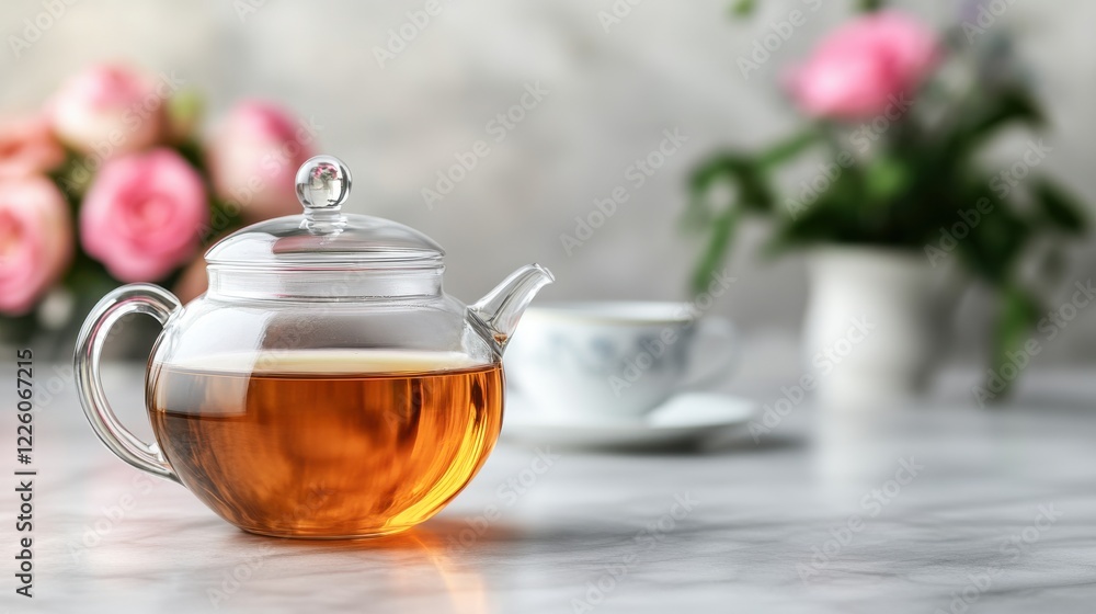 A transparent teapot filled with amber tea sits on a marble surface, surrounded by soft pink roses and a delicate teacup in the background. A transparent teapot filled with amber tea sits on a marble surface, surrounded by soft pink roses and a delicate teacup in the background.
