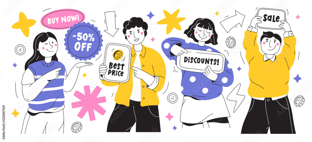 Fototapeta premium Happy smiling people doodle characters advertising special offer sale discounts, best prices