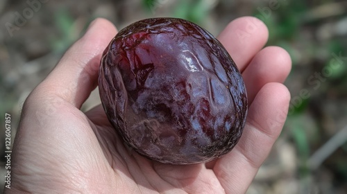 Hand holding a dark plum outdoors photo