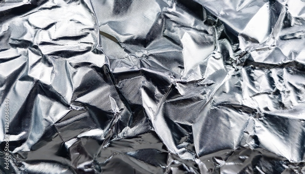 Striking Silver Foil Texture Against a Glossy Black Backdrop, Depicting the Dazzling Reflection of Light and Capturing the Essence of Shiny Surfaces in a Minimalist Setting. Striking Silver Foil Texture Against a Glossy Black Backdrop, Depicting the Dazzling Reflection of Light and Capturing the Essence of Shiny Surfaces in a Minimalist Setting.