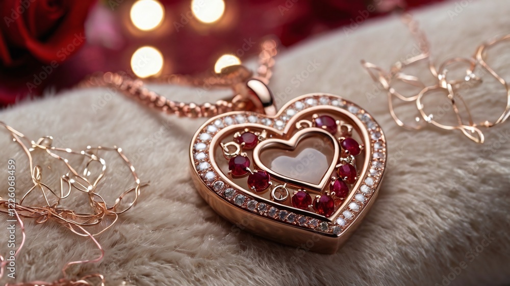 Fototapeta premium a heart-shaped pendant necklace on a velvet cushion. The pendant is made of rose gold and encrusted with tiny diamonds. The cushion is surrounded by red rose petals and a soft focus 