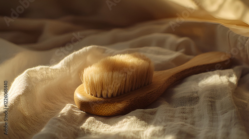 Wallpaper Mural A soft-bristled brush with a wooden handle rests on a light beige fabric, bathed in warm sunlight. Torontodigital.ca