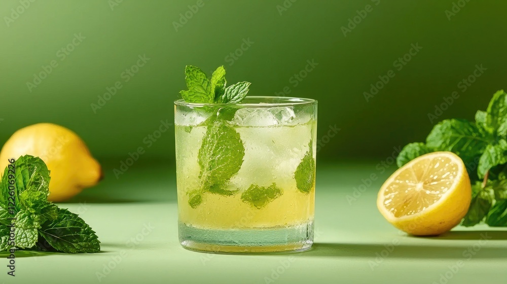Fototapeta premium Refreshing Mint Lemonade Drink, Green Background. Summer Beverage