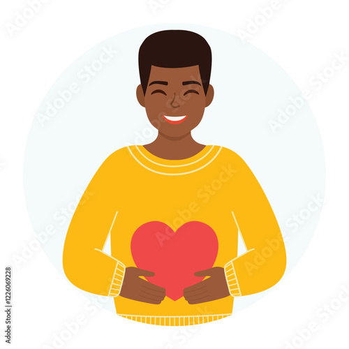 Dark skinned man in love holding a heart. Vector illustration